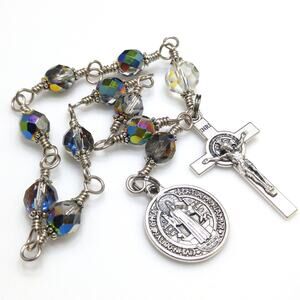 St. Benedict Silver AB Czech Bead Handmade One Decade Rosary